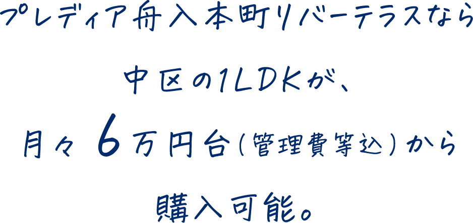 プレディア舟入本町リバーテラスなら中区の1LDKが、月々6万円台（管理費等込）から購入可能。